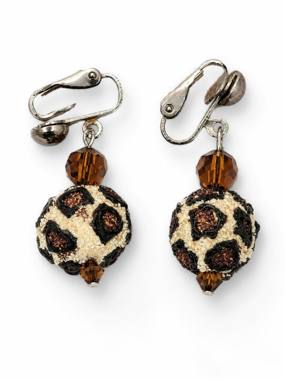 Vintage Leopard Print Clip On Earrings Brown Crystal Dangle Animal Print